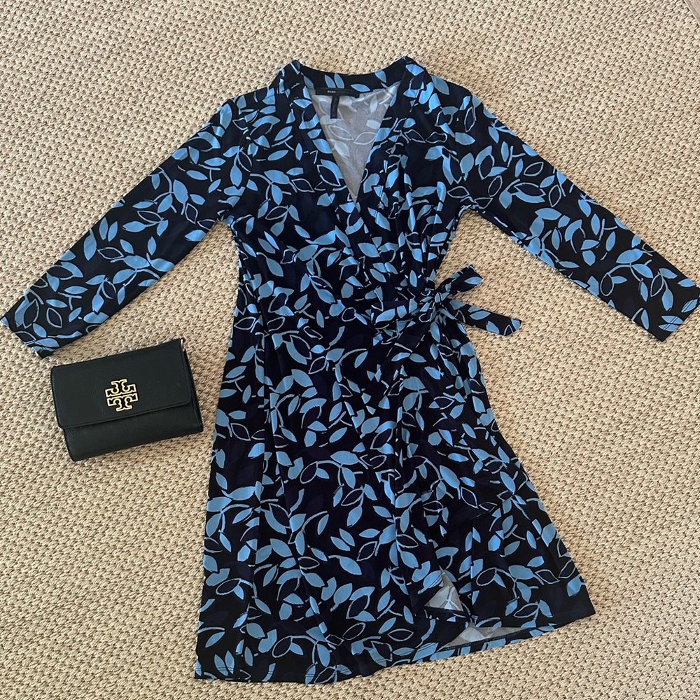 Pretty faux wrap dress. Dark navy and medium blue print.